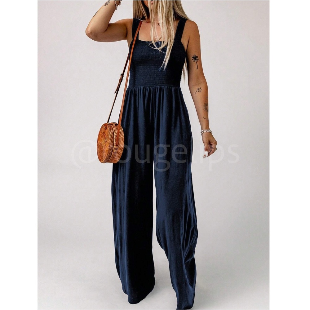 Rouge! Navy Blue Wide-Leg Smocked Jumpsuit - Picture 4 of 10